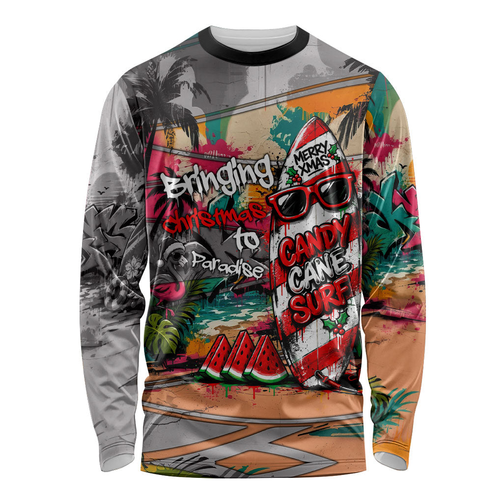 Tropical Christmas In July Candy Cane Surf Long Sleeve Shirt Vibrant Street Art Beach Graffiti Graphic