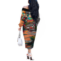 Tropical Christmas In July Candy Cane Surf Off The Shoulder Long Sleeve Dress Vibrant Street Art Beach Graffiti Graphic