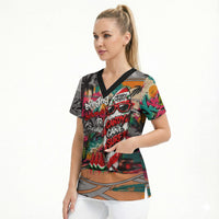 Tropical Christmas In July Candy Cane Surf Scrub Top Vibrant Street Art Beach Graffiti Graphic
