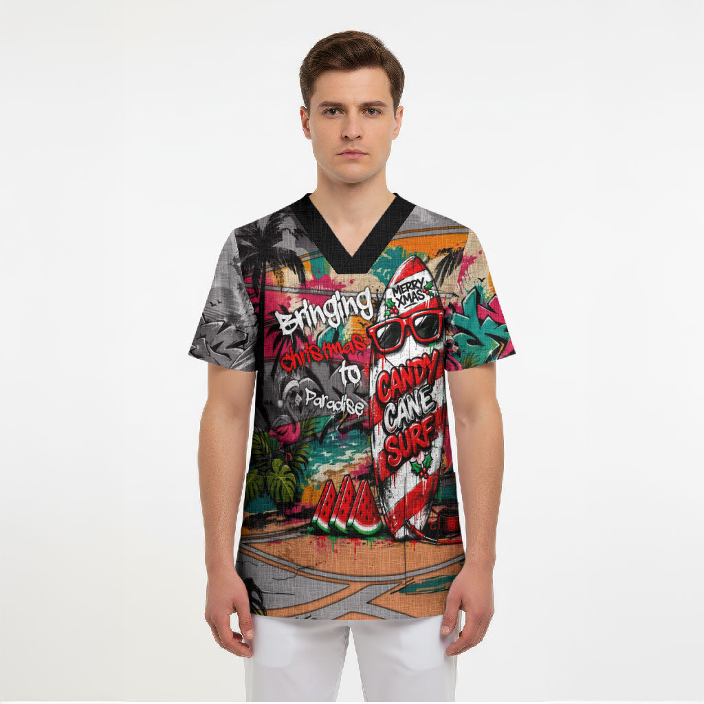 Tropical Christmas In July Candy Cane Surf Scrub Top Vibrant Street Art Beach Graffiti Graphic