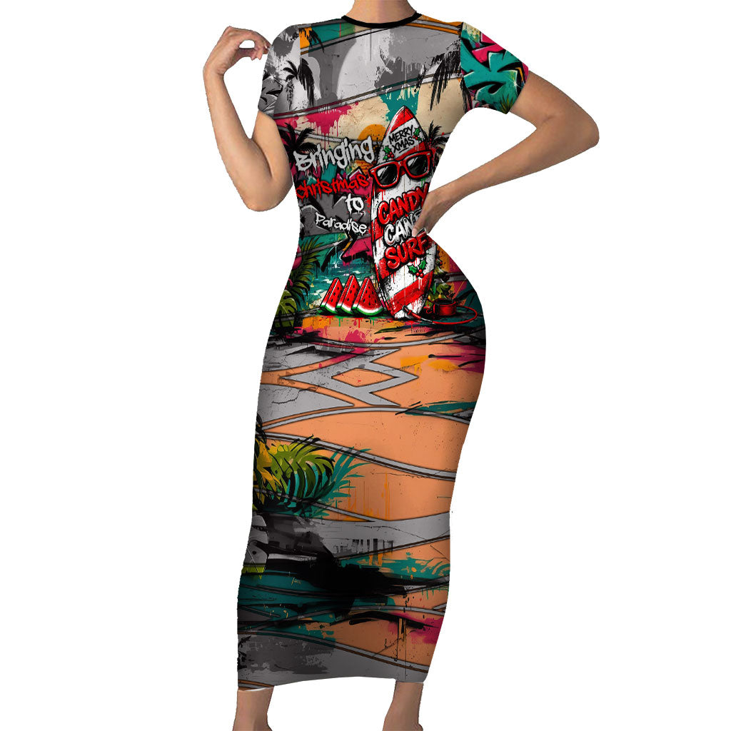 Tropical Christmas In July Candy Cane Surf Short Sleeve Bodycon Dress Vibrant Street Art Beach Graffiti Graphic