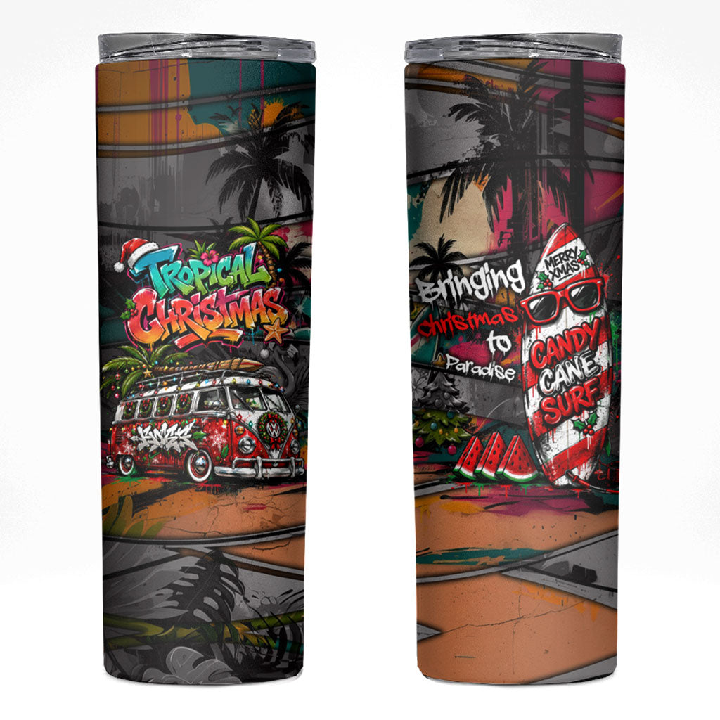 Tropical Christmas In July Candy Cane Surf Skinny Tumbler Vibrant Street Art Beach Graffiti Graphic TS04 Orange Grey - Polynesian Pride