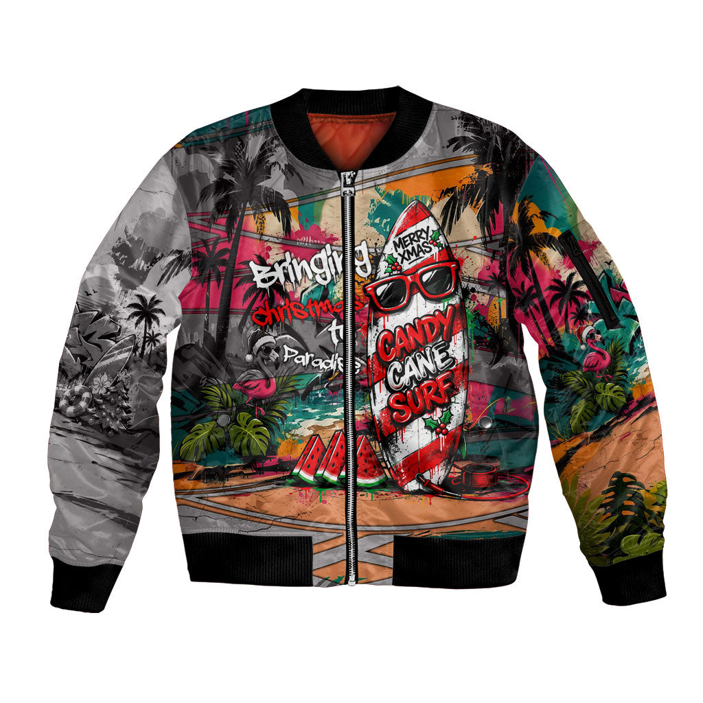 Tropical Christmas In July Candy Cane Surf Sleeve Zip Bomber Jacket Vibrant Street Art Beach Graffiti Graphic TS04 Unisex Orange Grey - Polynesian Pride