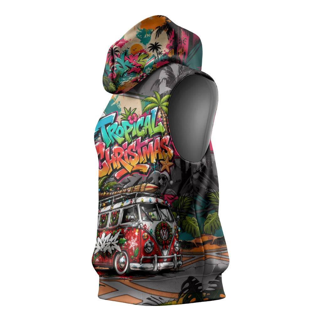 Tropical Christmas In July Candy Cane Surf Sleeveless Hoodie Vibrant Street Art Beach Graffiti Graphic