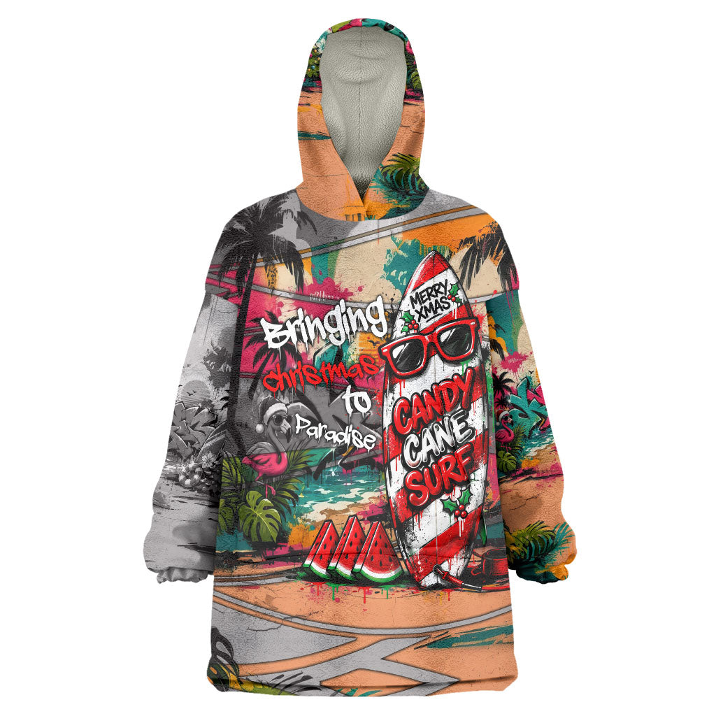 Tropical Christmas In July Candy Cane Surf Wearable Blanket Hoodie Vibrant Street Art Beach Graffiti Graphic