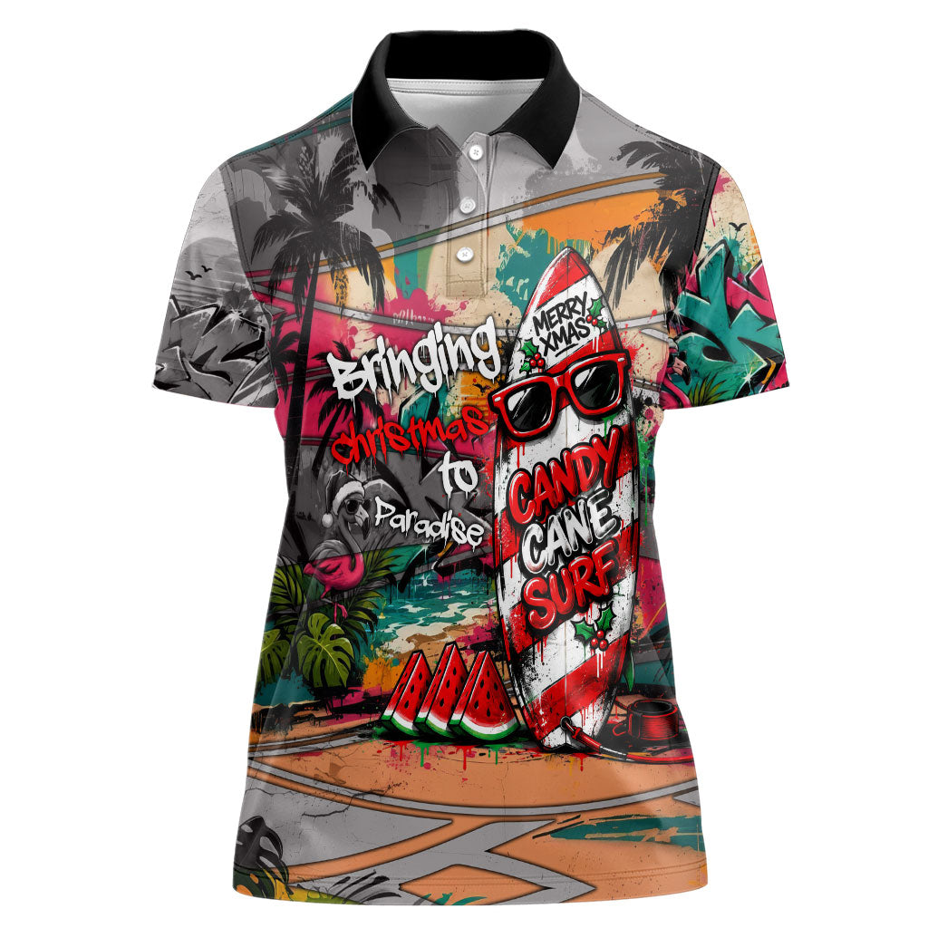 Tropical Christmas In July Candy Cane Surf Women Polo Shirt Vibrant Street Art Beach Graffiti Graphic