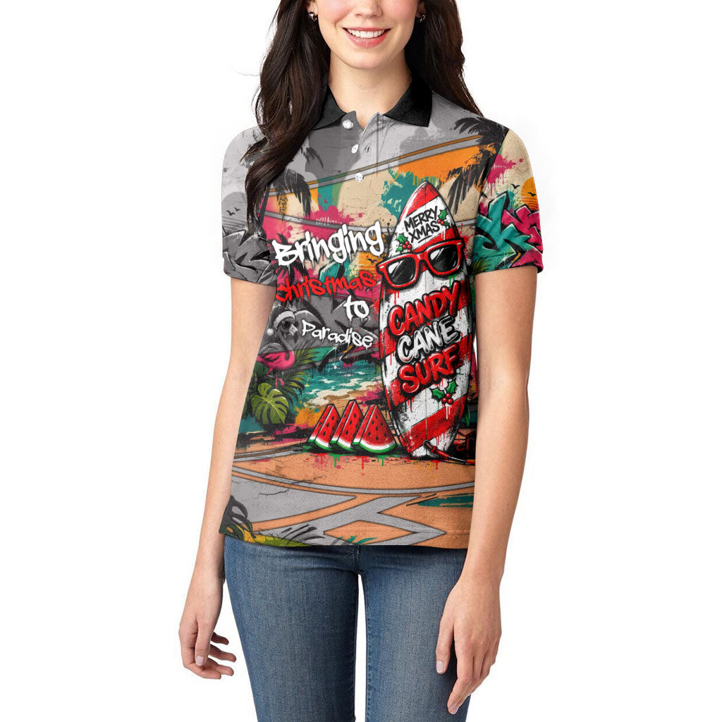 Tropical Christmas In July Candy Cane Surf Women Polo Shirt Vibrant Street Art Beach Graffiti Graphic