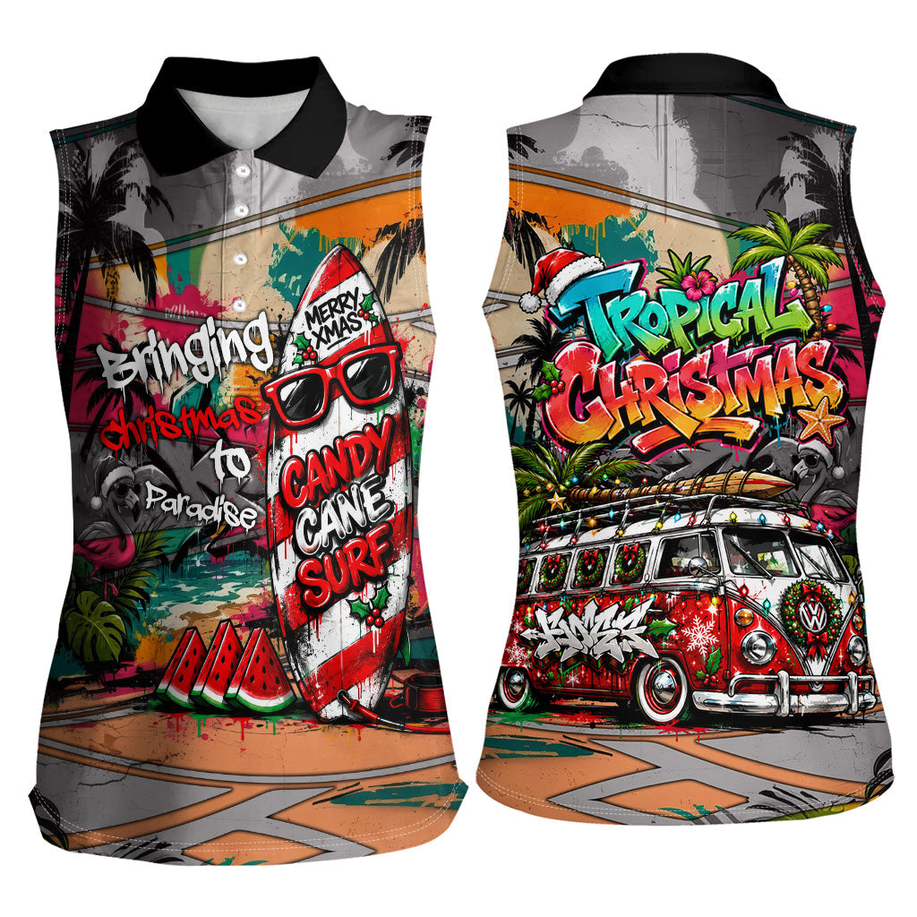 Tropical Christmas In July Candy Cane Surf Women Sleeveless Polo Shirt Vibrant Street Art Beach Graffiti Graphic