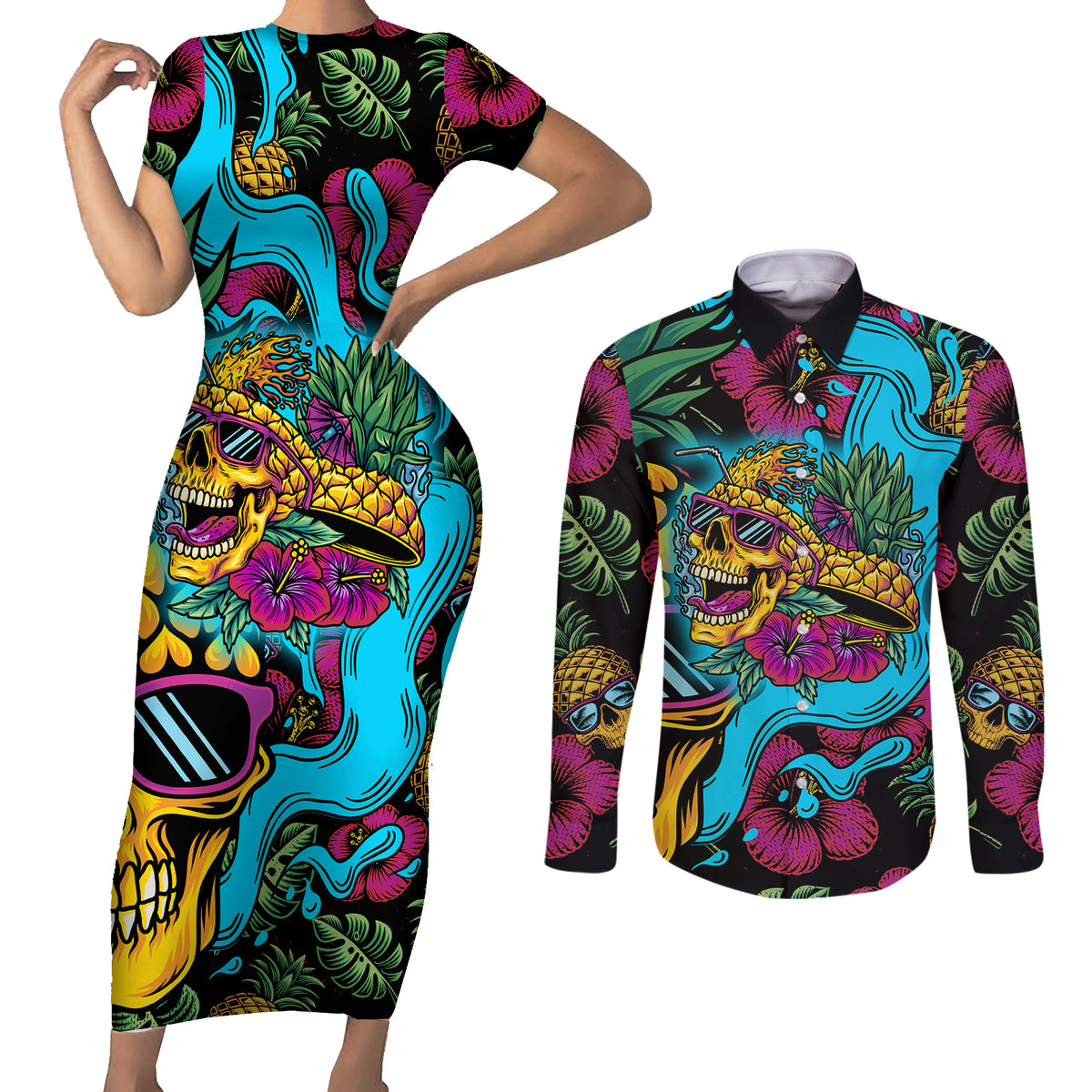 Pineapple Skull Couples Matching Short Sleeve Bodycon Dress and Long Sleeve Button Shirts Sumer Time TS04 - Polynesian Pride
