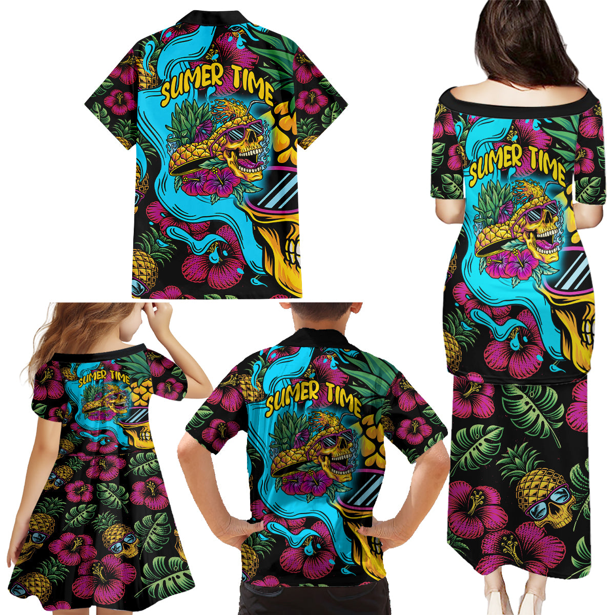 Pineapple Skull Family Matching Puletasi Dress and Hawaiian Shirt Sumer Time TS04 - Polynesian Pride
