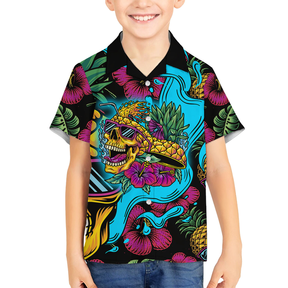 Pineapple Skull Family Matching Puletasi Dress and Hawaiian Shirt Sumer Time TS04 Son's Shirt Multicolor - Polynesian Pride