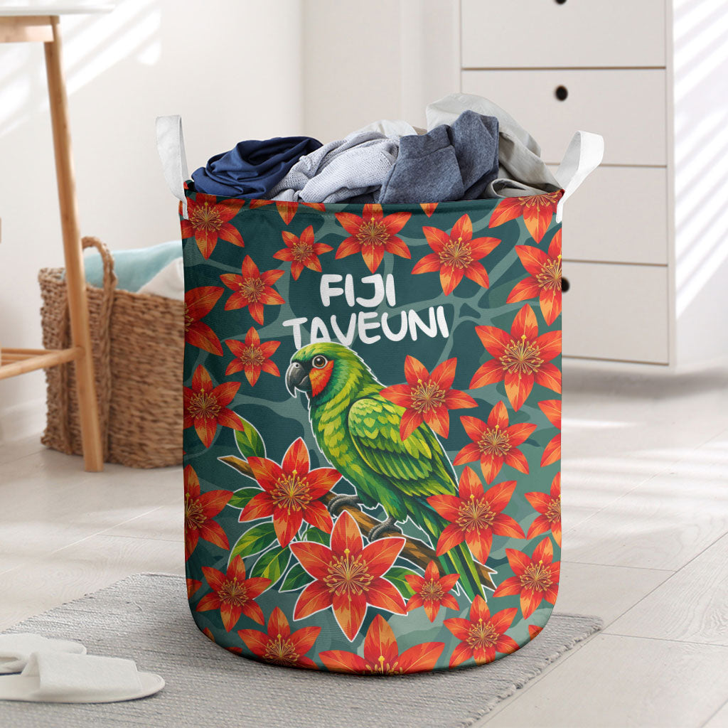 Fiji Taveuni Parrot Laundry Basket Tropical Waterfall Landscape With Floral Tribal Pattern