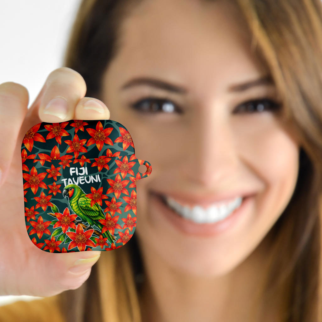 Fiji Taveuni Parrot AirPods Case Tropical Waterfall Landscape With Floral Tribal Pattern