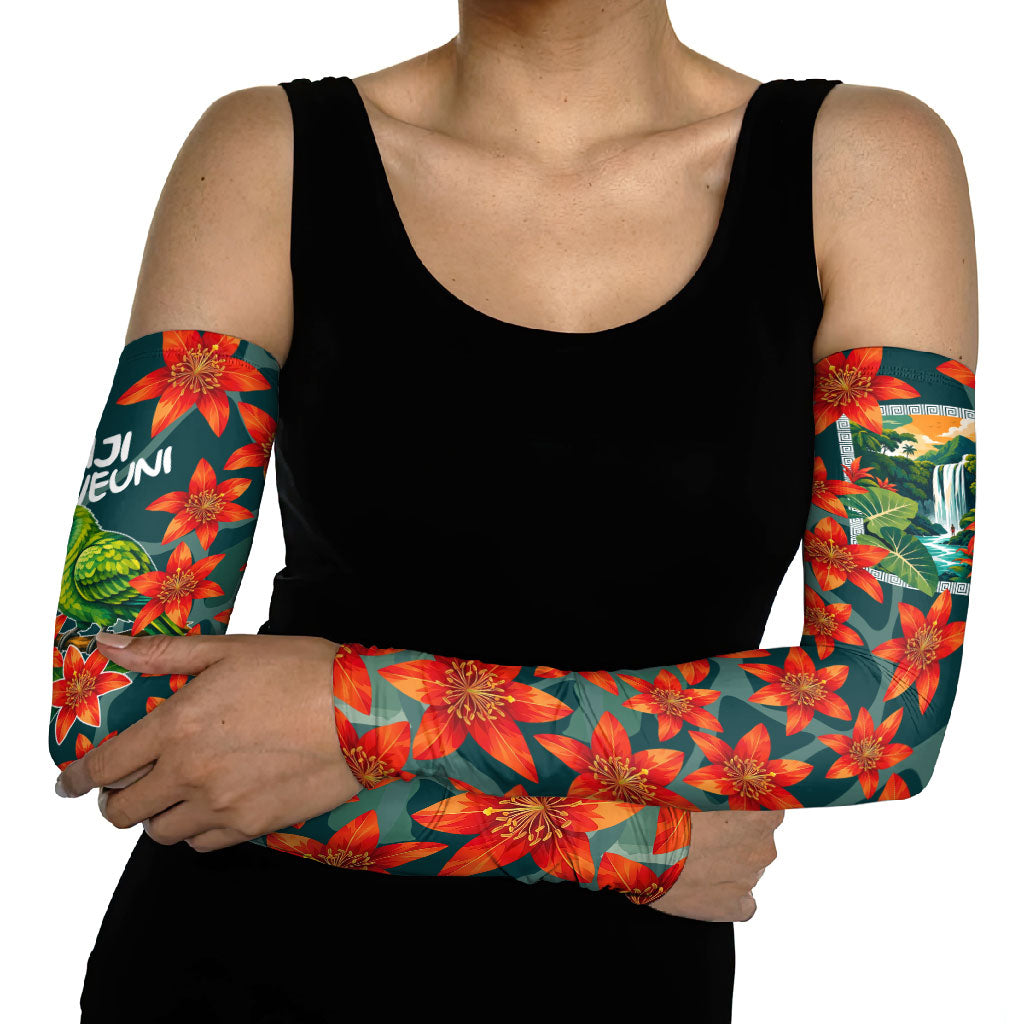 Fiji Taveuni Parrot Arm Sleeves Tropical Waterfall Landscape With Floral Tribal Pattern