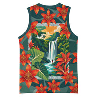 Fiji Taveuni Parrot Basketball Jersey Tropical Waterfall Landscape With Floral Tribal Pattern