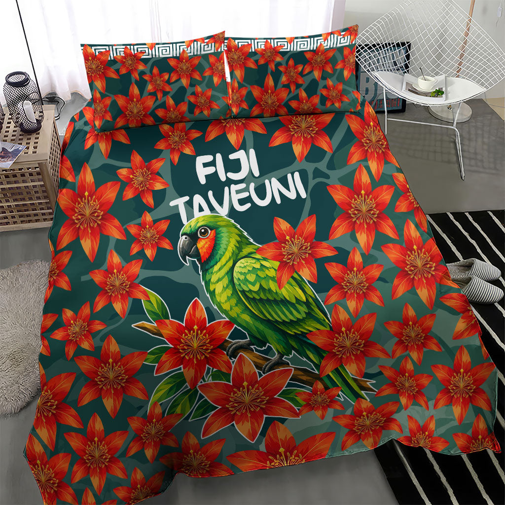 Fiji Taveuni Parrot Bedding Set Tropical Waterfall Landscape With Floral Tribal Pattern