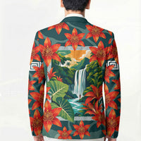 Fiji Taveuni Parrot Blazer Tropical Waterfall Landscape With Floral Tribal Pattern