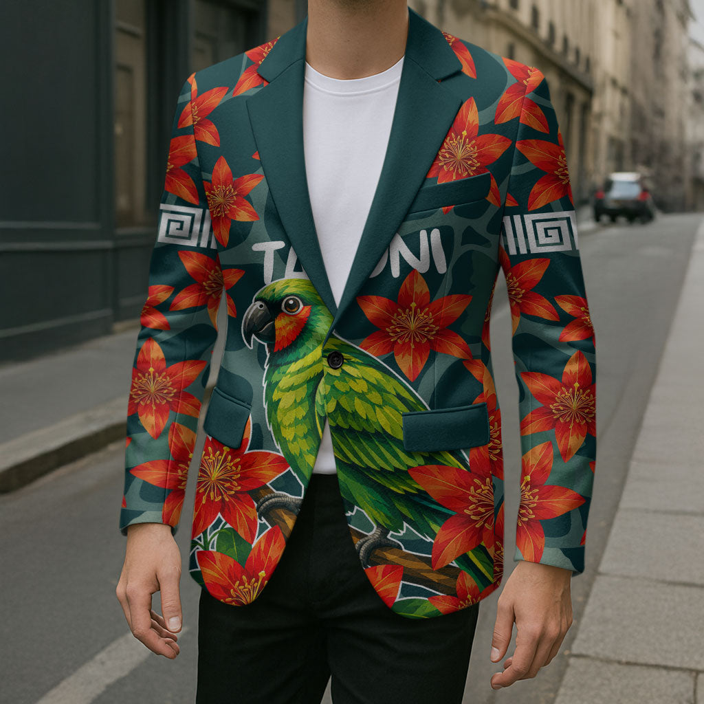 Fiji Taveuni Parrot Blazer Tropical Waterfall Landscape With Floral Tribal Pattern