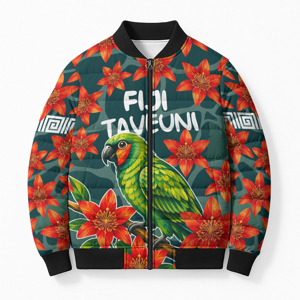Fiji Taveuni Parrot Bomber Puffer Jacket Tropical Waterfall Landscape With Floral Tribal Pattern