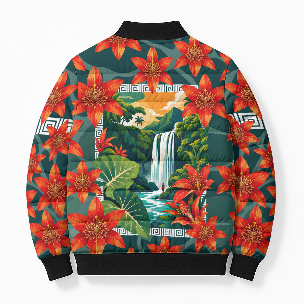 Fiji Taveuni Parrot Bomber Puffer Jacket Tropical Waterfall Landscape With Floral Tribal Pattern