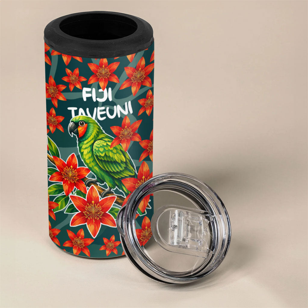 Fiji Taveuni Parrot 4 in 1 Can Cooler Tumbler Tropical Waterfall Landscape With Floral Tribal Pattern