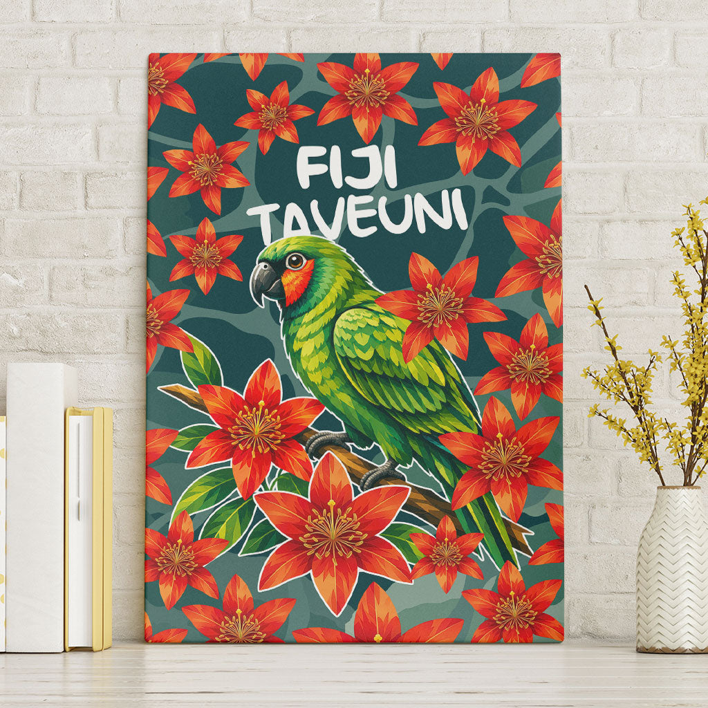Fiji Taveuni Parrot Canvas Wall Art Tropical Waterfall Landscape With Floral Tribal Pattern