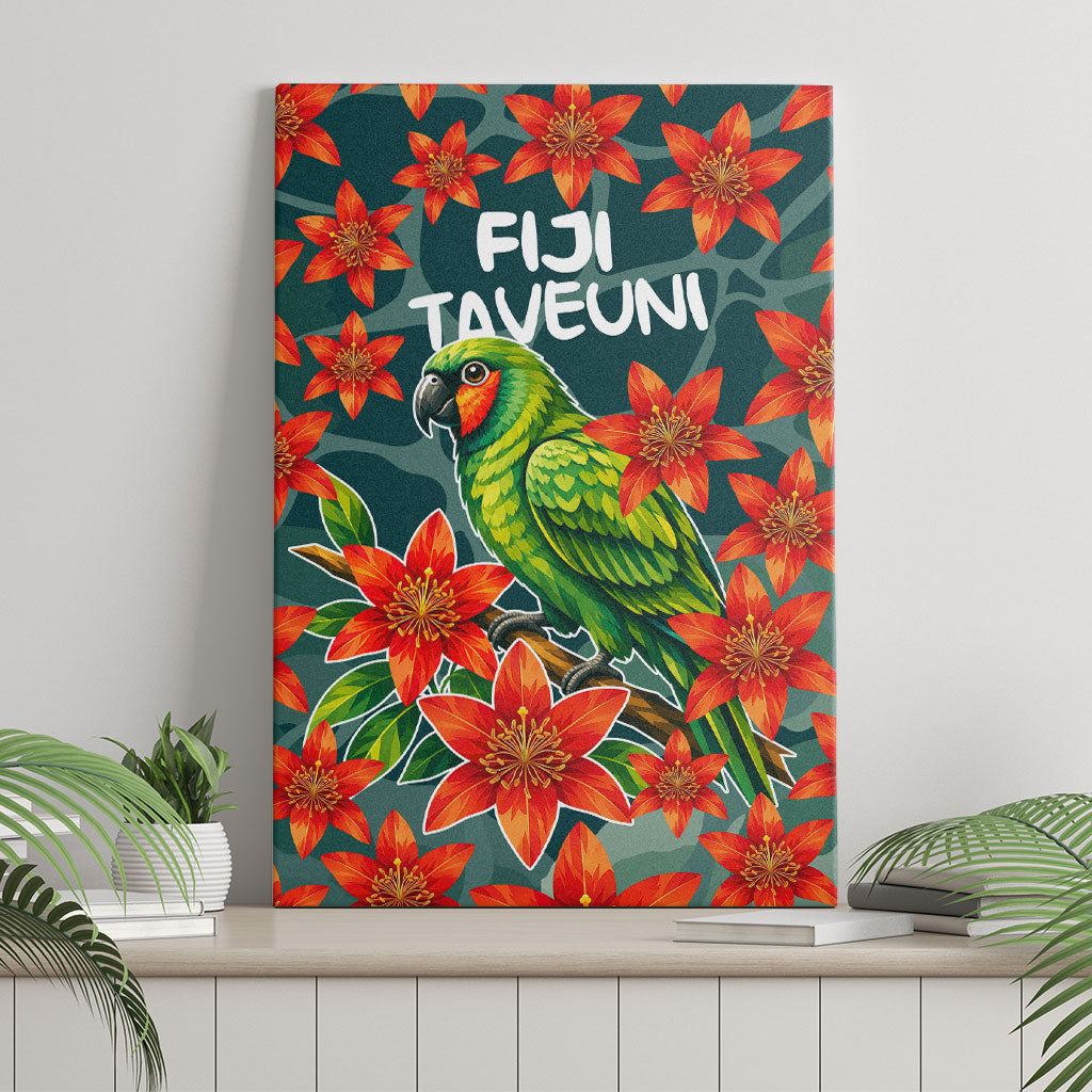Fiji Taveuni Parrot Canvas Wall Art Tropical Waterfall Landscape With Floral Tribal Pattern