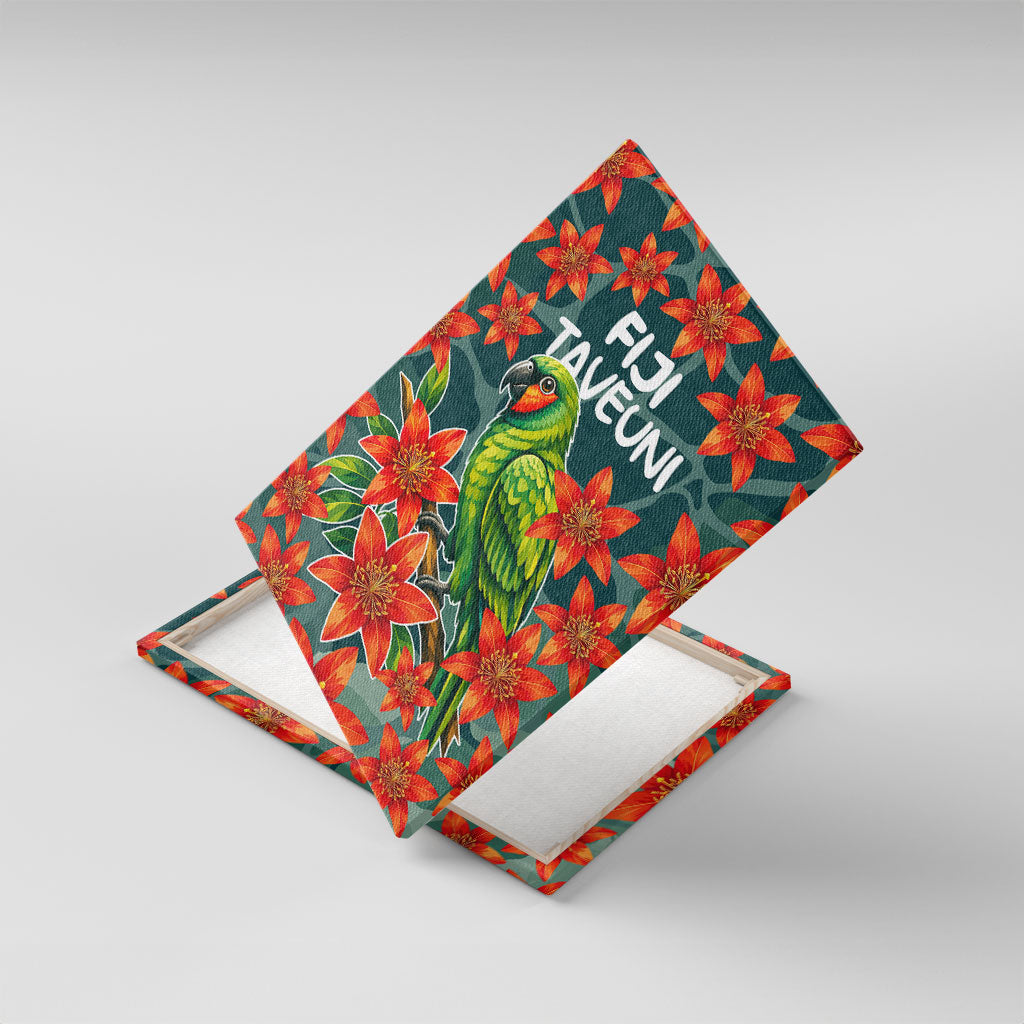 Fiji Taveuni Parrot Canvas Wall Art Tropical Waterfall Landscape With Floral Tribal Pattern