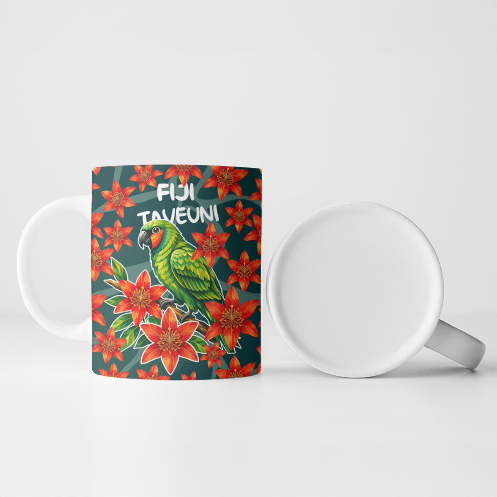 Fiji Taveuni Parrot Ceramic Mug Tropical Waterfall Landscape With Floral Tribal Pattern