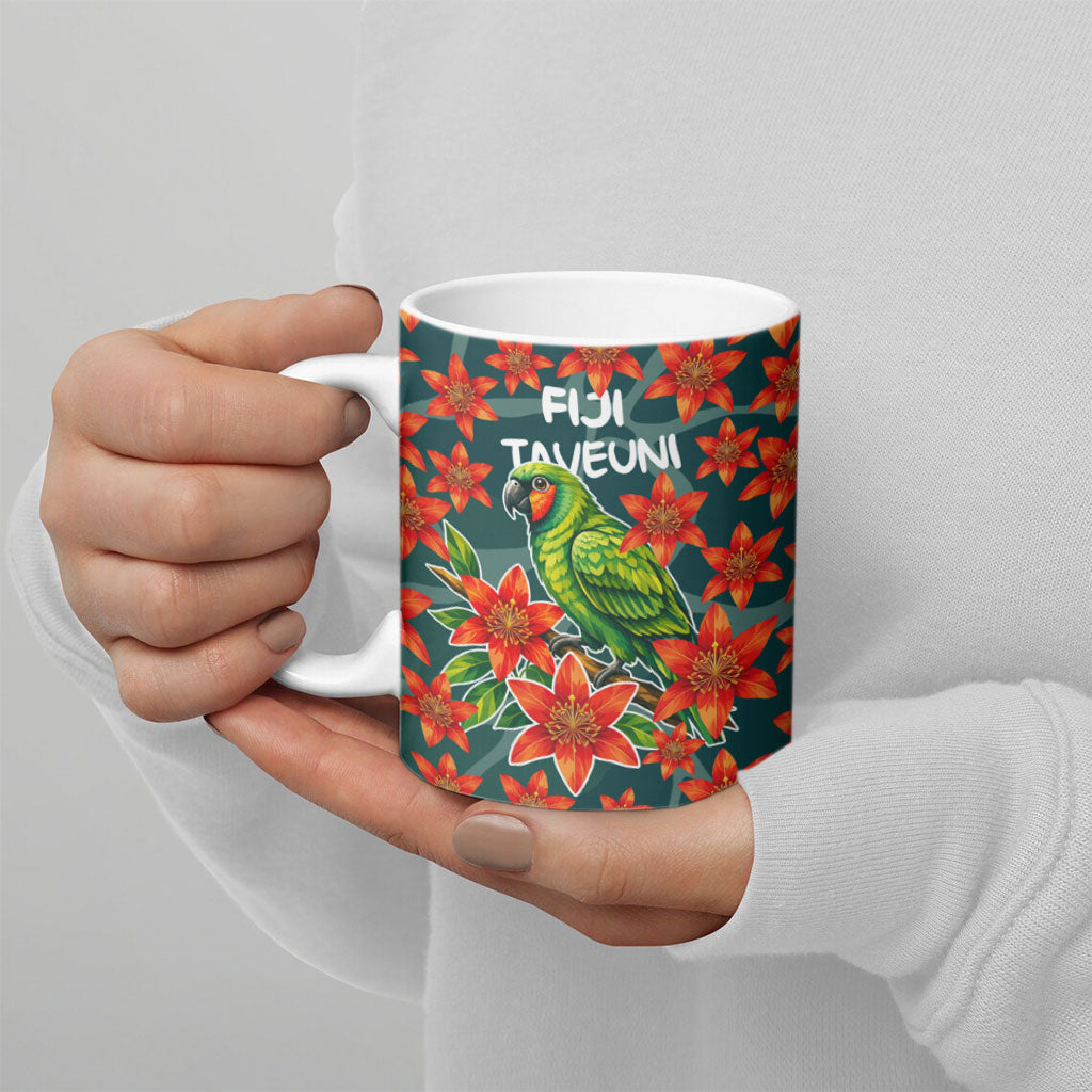Fiji Taveuni Parrot Ceramic Mug Tropical Waterfall Landscape With Floral Tribal Pattern