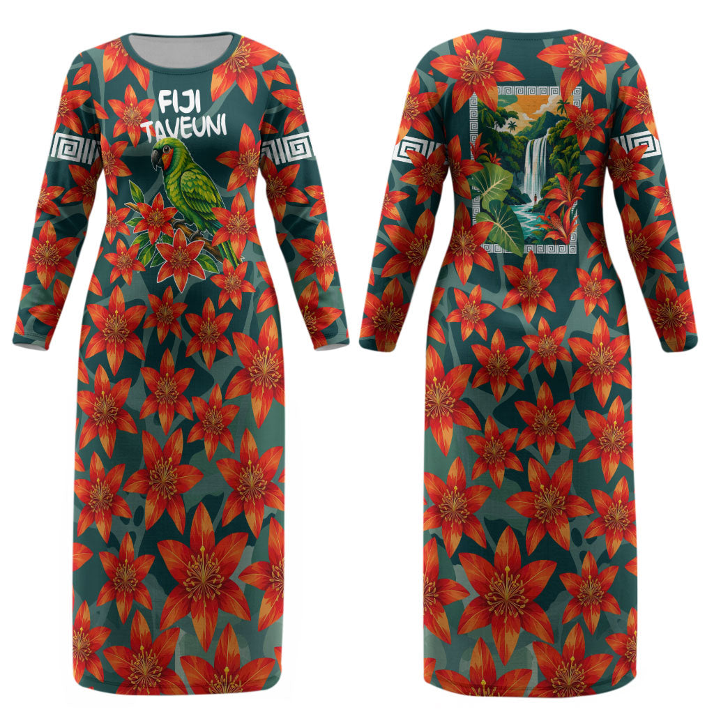Fiji Taveuni Parrot Couples Matching Long Sleeve Bodycon Dress and Long Sleeve Button Shirt Tropical Waterfall Landscape With Floral Tribal Pattern