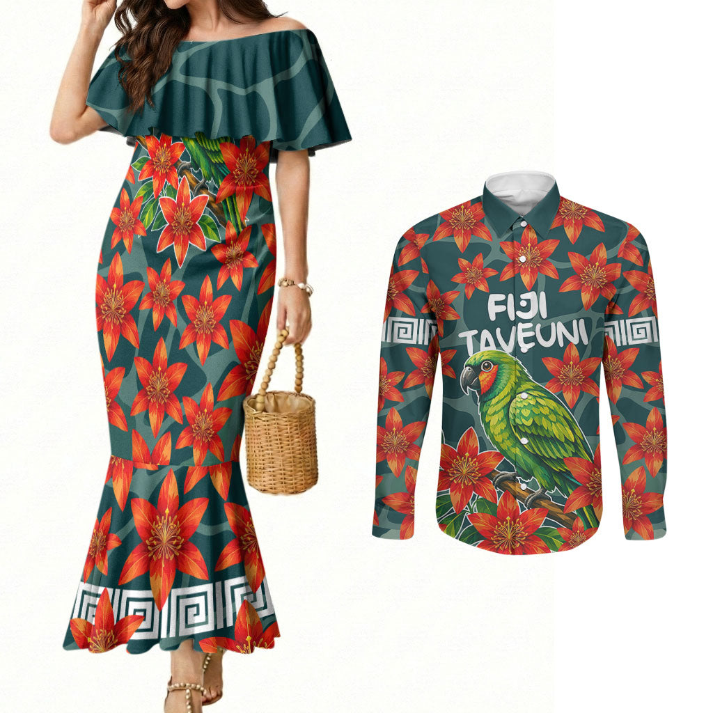 Fiji Taveuni Parrot Couples Matching Mermaid Dress and Long Sleeve Button Shirt Tropical Waterfall Landscape With Floral Tribal Pattern