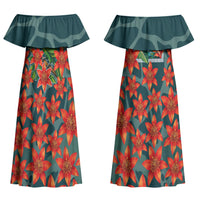 Fiji Taveuni Parrot Couples Matching Off Shoulder Maxi Dress and Hawaiian Shirt Tropical Waterfall Landscape With Floral Tribal Pattern