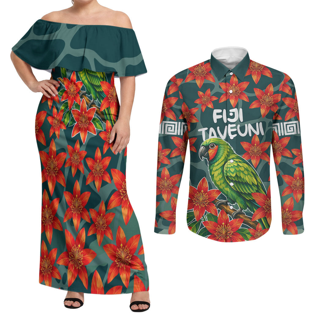 Fiji Taveuni Parrot Couples Matching Off Shoulder Maxi Dress and Long Sleeve Button Shirt Tropical Waterfall Landscape With Floral Tribal Pattern TS04 Green Orange - Polynesian Pride