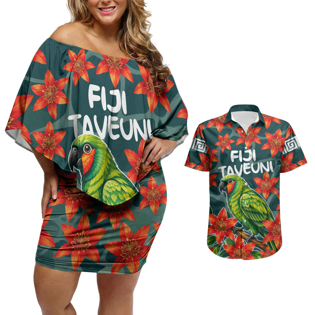 Fiji Taveuni Parrot Couples Matching Off Shoulder Short Dress and Hawaiian Shirt Tropical Waterfall Landscape With Floral Tribal Pattern