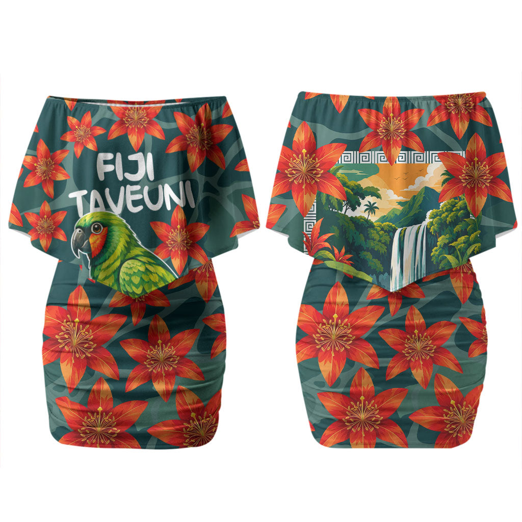 Fiji Taveuni Parrot Couples Matching Off Shoulder Short Dress and Long Sleeve Button Shirt Tropical Waterfall Landscape With Floral Tribal Pattern