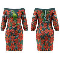 Fiji Taveuni Parrot Couples Matching Off The Shoulder Long Sleeve Dress and Hawaiian Shirt Tropical Waterfall Landscape With Floral Tribal Pattern
