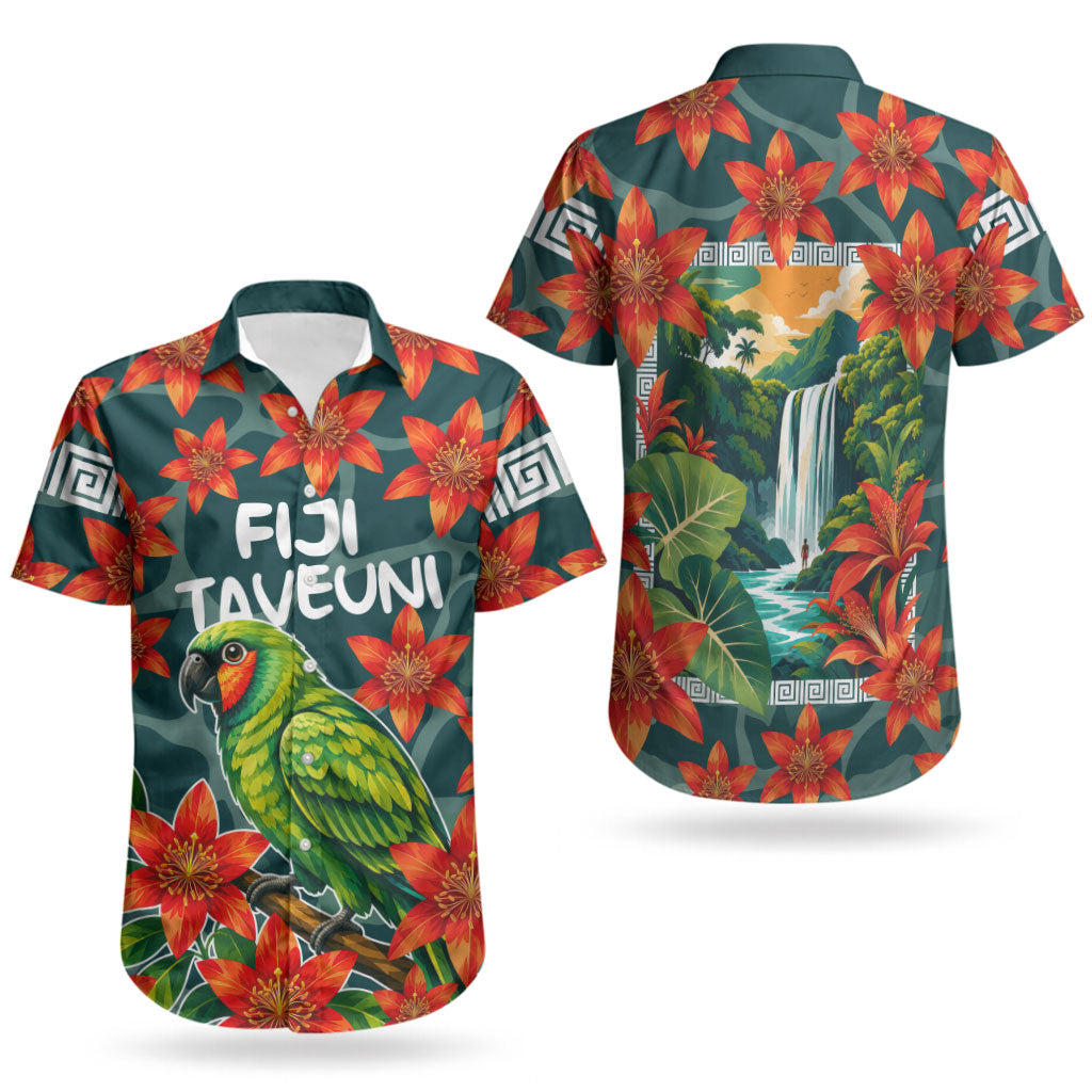 Fiji Taveuni Parrot Couples Matching Puletasi and Hawaiian Shirt Tropical Waterfall Landscape With Floral Tribal Pattern