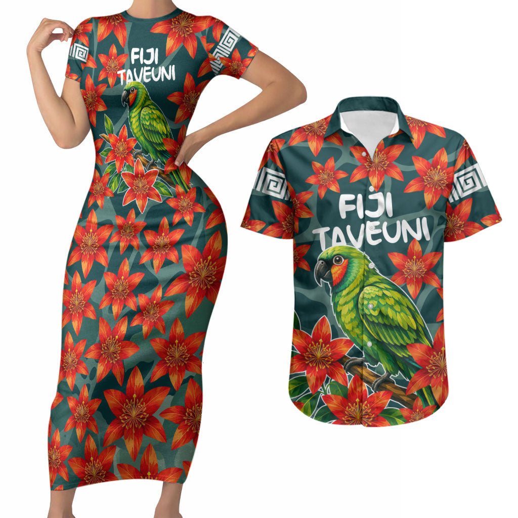 Fiji Taveuni Parrot Couples Matching Short Sleeve Bodycon Dress and Hawaiian Shirt Tropical Waterfall Landscape With Floral Tribal Pattern