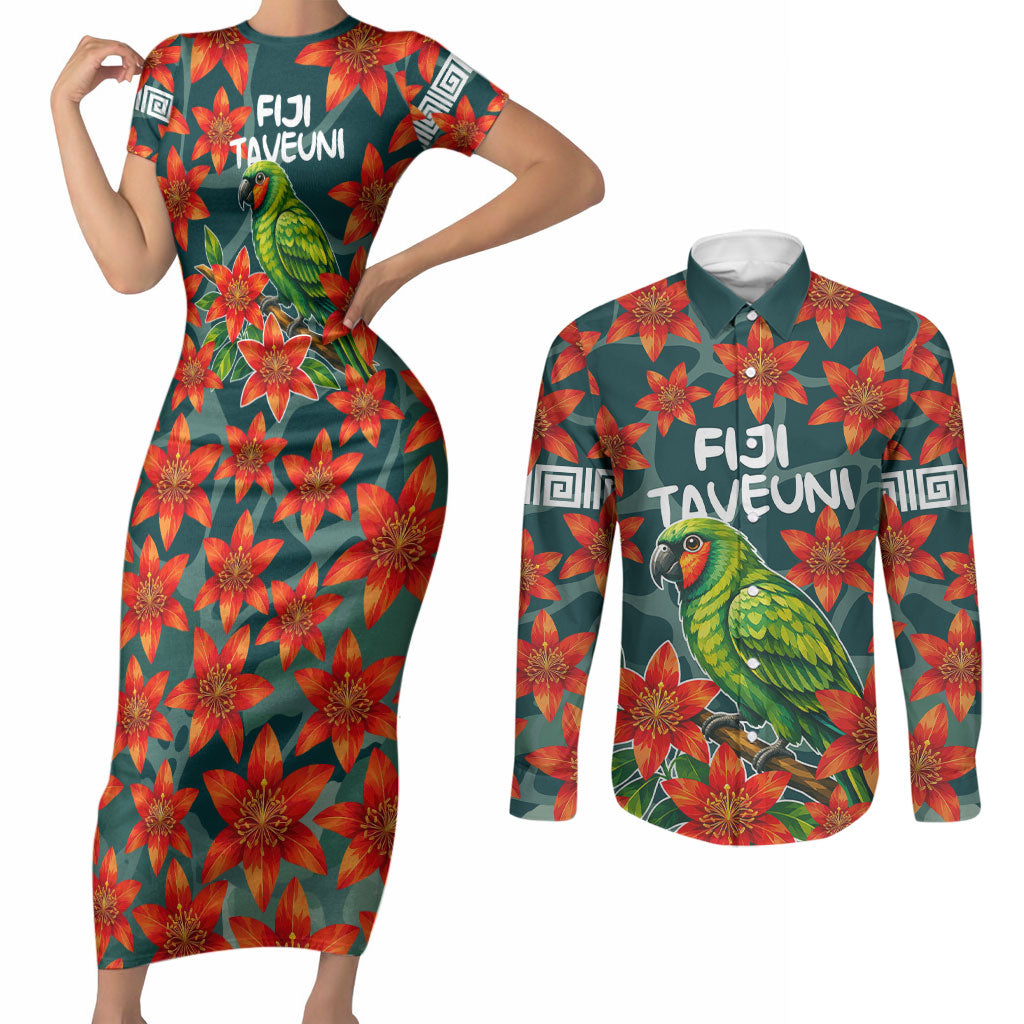 Fiji Taveuni Parrot Couples Matching Short Sleeve Bodycon Dress and Long Sleeve Button Shirt Tropical Waterfall Landscape With Floral Tribal Pattern