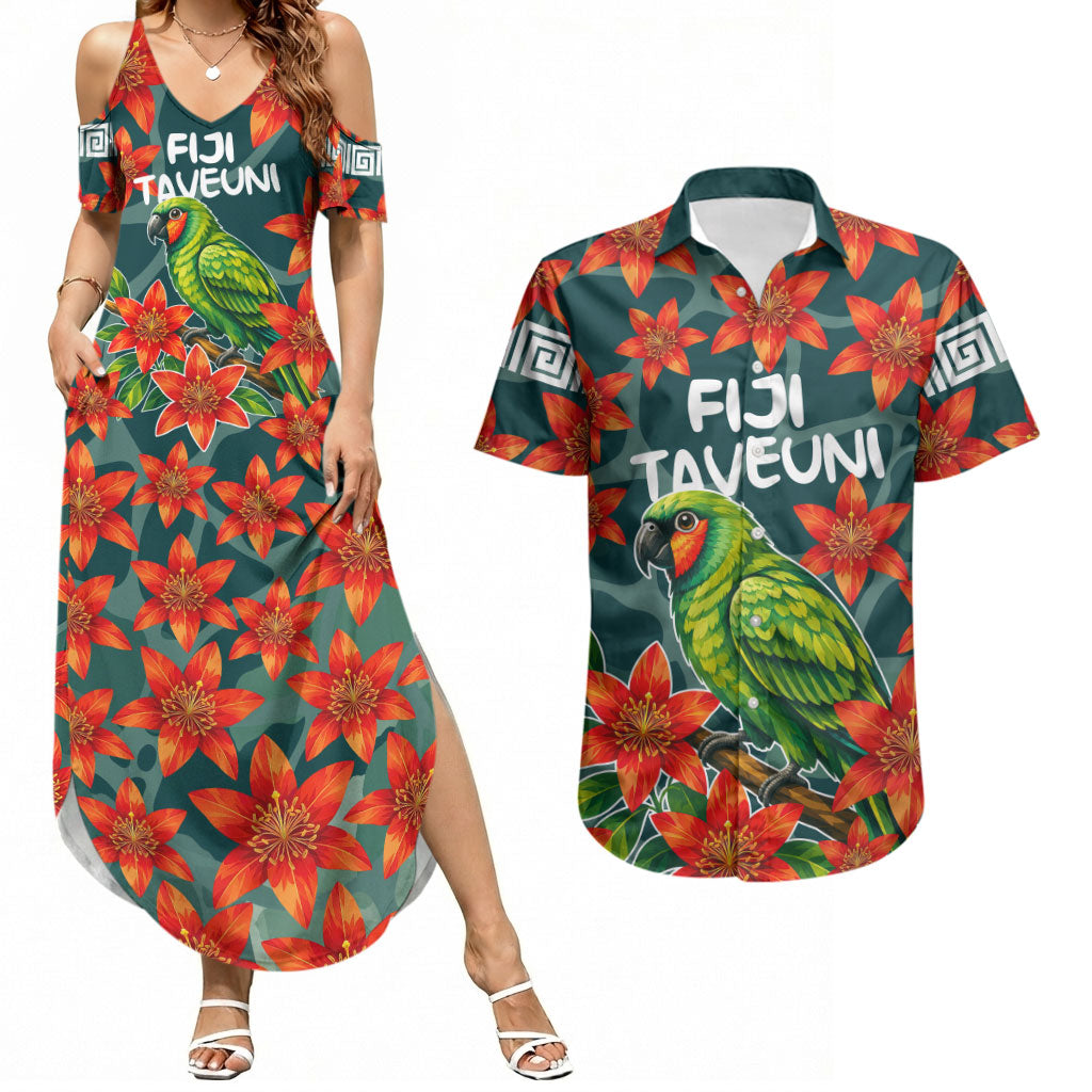 Fiji Taveuni Parrot Couples Matching Summer Maxi Dress and Hawaiian Shirt Tropical Waterfall Landscape With Floral Tribal Pattern