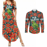 Fiji Taveuni Parrot Couples Matching Summer Maxi Dress and Long Sleeve Button Shirt Tropical Waterfall Landscape With Floral Tribal Pattern