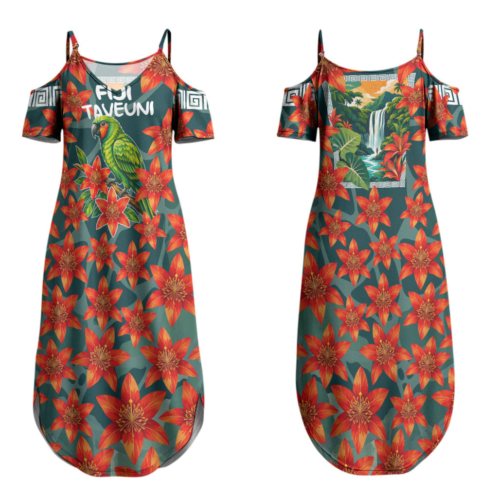 Fiji Taveuni Parrot Couples Matching Summer Maxi Dress and Long Sleeve Button Shirt Tropical Waterfall Landscape With Floral Tribal Pattern