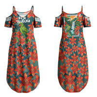 Fiji Taveuni Parrot Couples Matching Summer Maxi Dress and Long Sleeve Button Shirt Tropical Waterfall Landscape With Floral Tribal Pattern