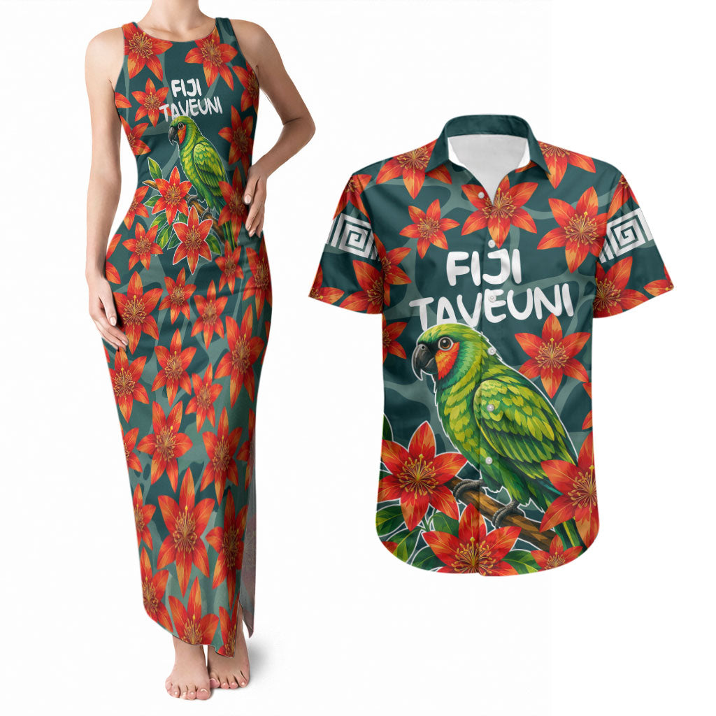 Fiji Taveuni Parrot Couples Matching Tank Maxi Dress and Hawaiian Shirt Tropical Waterfall Landscape With Floral Tribal Pattern