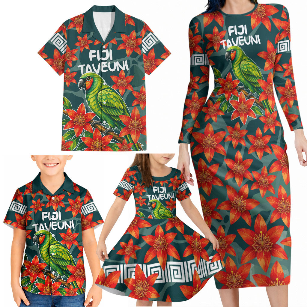 Fiji Taveuni Parrot Family Matching Long Sleeve Bodycon Dress and Hawaiian Shirt Tropical Waterfall Landscape With Floral Tribal Pattern