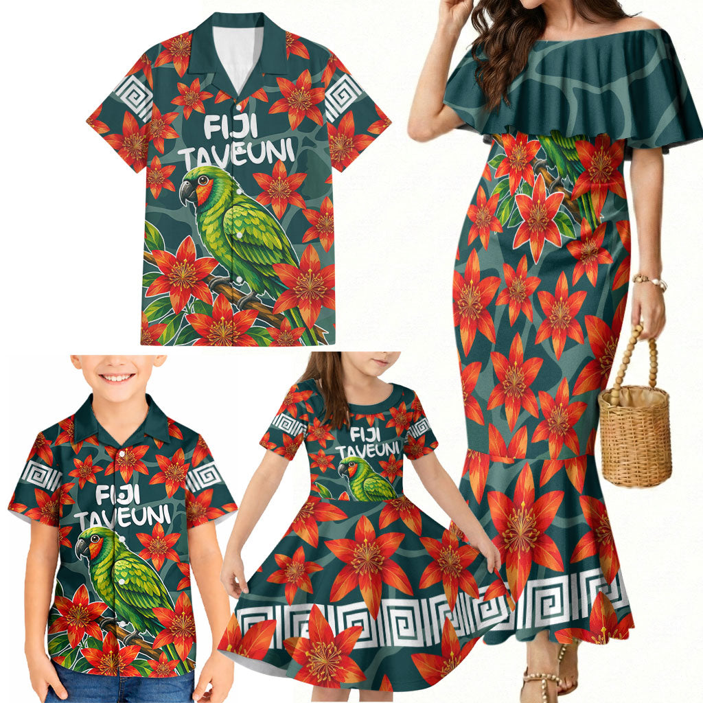 Fiji Taveuni Parrot Family Matching Mermaid Dress and Hawaiian Shirt Tropical Waterfall Landscape With Floral Tribal Pattern
