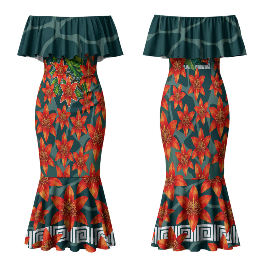 Fiji Taveuni Parrot Family Matching Mermaid Dress and Hawaiian Shirt Tropical Waterfall Landscape With Floral Tribal Pattern