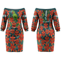 Fiji Taveuni Parrot Family Matching Off The Shoulder Long Sleeve Dress and Hawaiian Shirt Tropical Waterfall Landscape With Floral Tribal Pattern