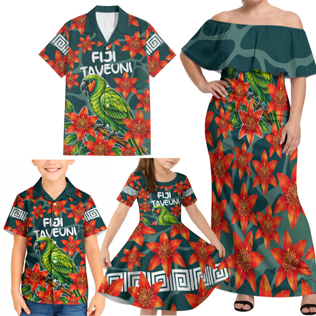 Fiji Taveuni Parrot Family Matching Off Shoulder Maxi Dress and Hawaiian Shirt Tropical Waterfall Landscape With Floral Tribal Pattern